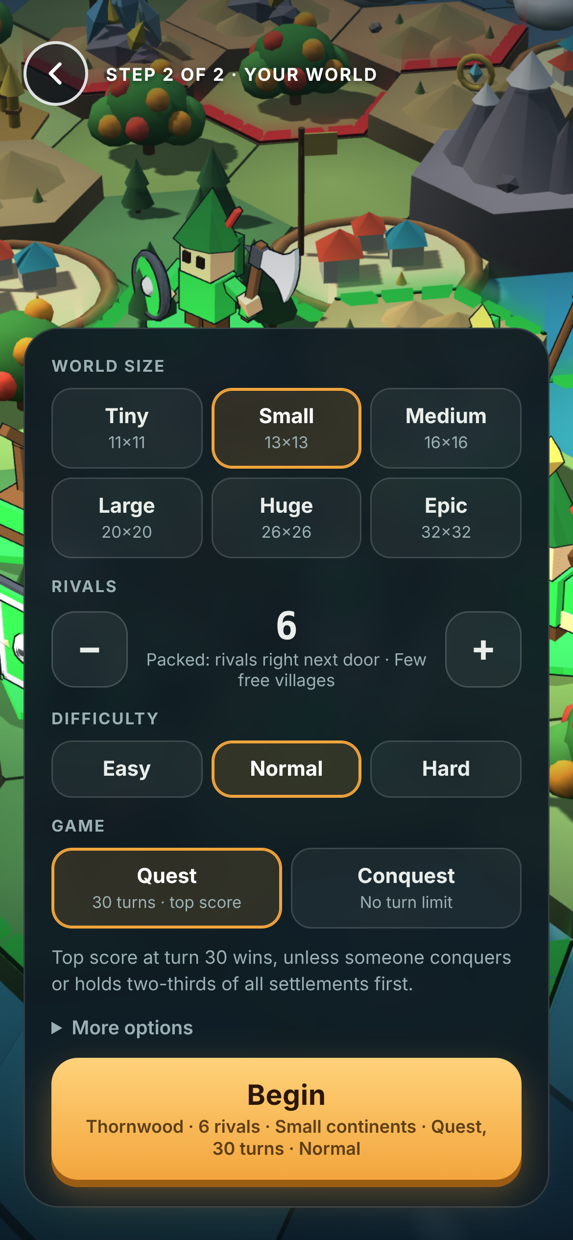 World setup with size, rival count, difficulty, and game mode options.