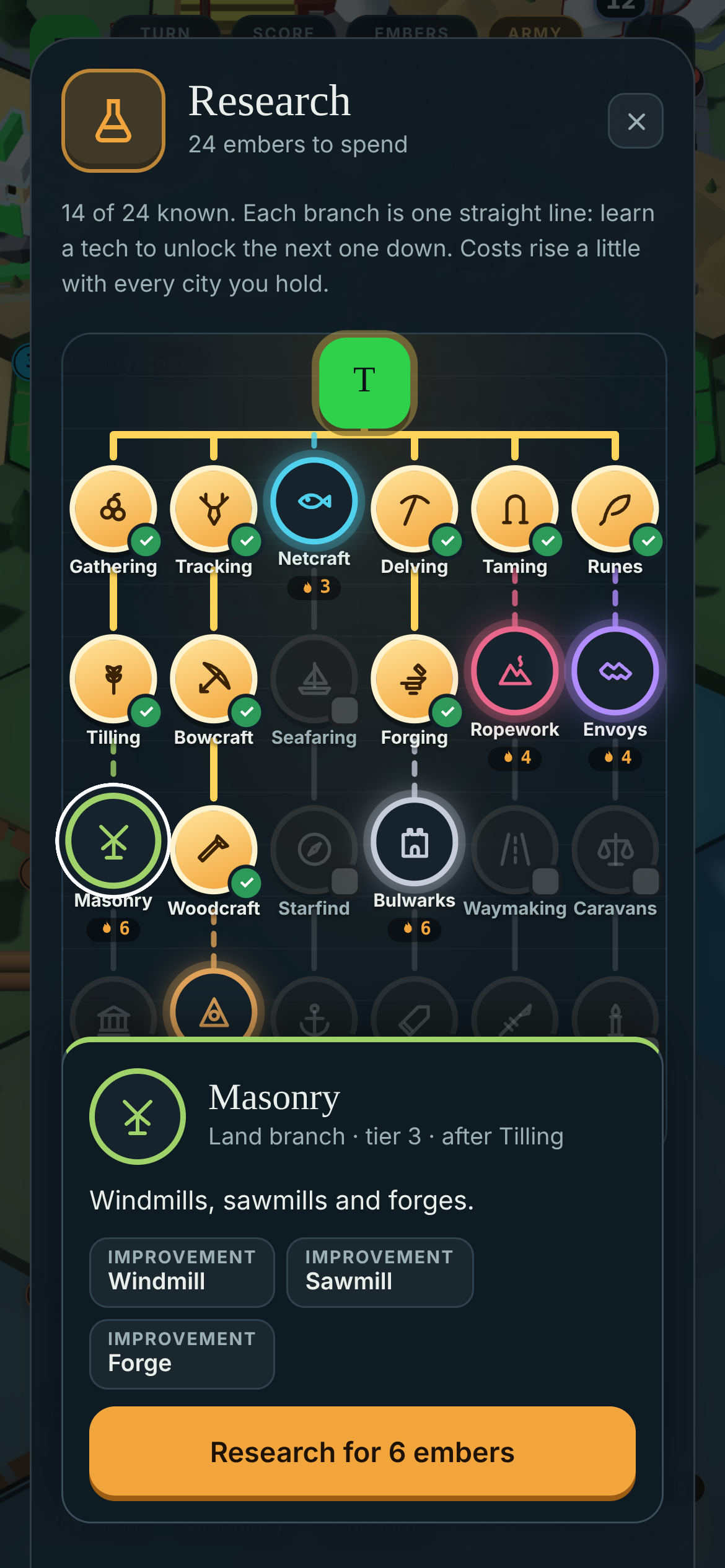 Research tree with technology branches and Masonry selected.