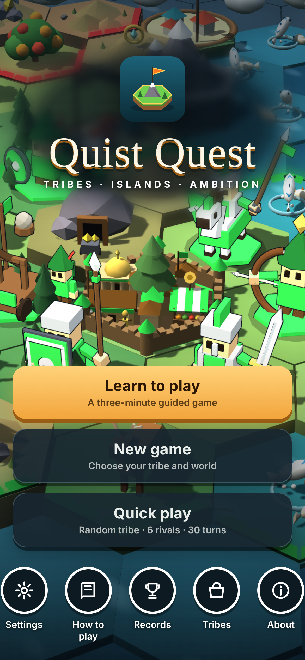 Quist Quest title screen over a low-poly island world.