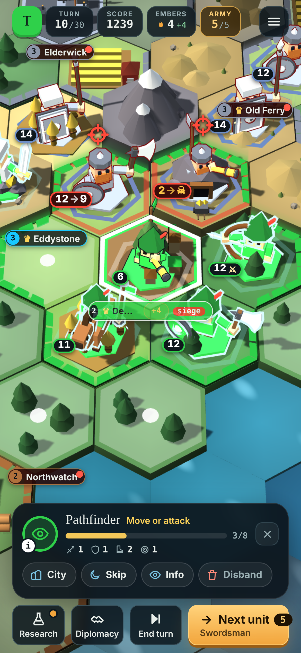 Battle preview showing exact damage on the hex-island map.